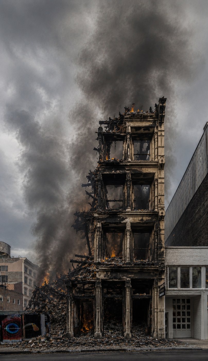The same 74 Grand Street facade, partially collapsed and burning, with dark smoke rising into a gray sky and debris piled on the sidewalk.
